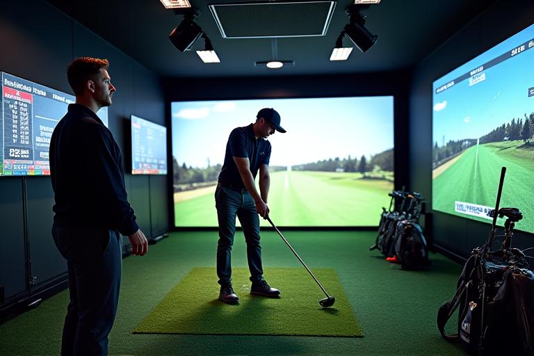 フィッティングスタジオでスイング分析を行うお客様と専門スタッフ